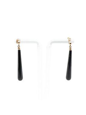 14K Yellow Gold Black Onyx Teardrop Dangle Earrings 1.75 Inches